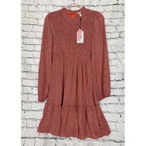 ANDREE BY UNIT Red Long Sleeve‎ Babydoll Dress Smocked Bodice Christmas NWT